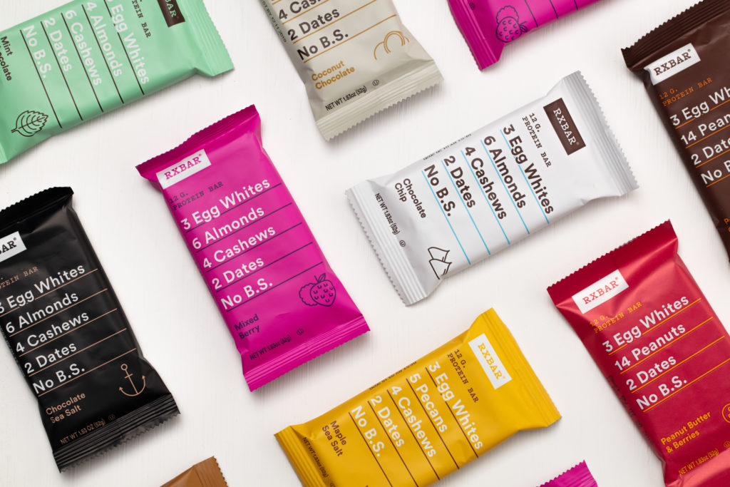 RXBars use a clean color palette and shows ingredients on snack bar packaging design.