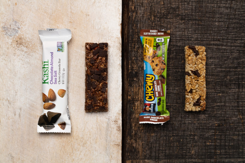 A comparison of Kashi and Chewy bars to show price point and quality of snack bar packaging design.