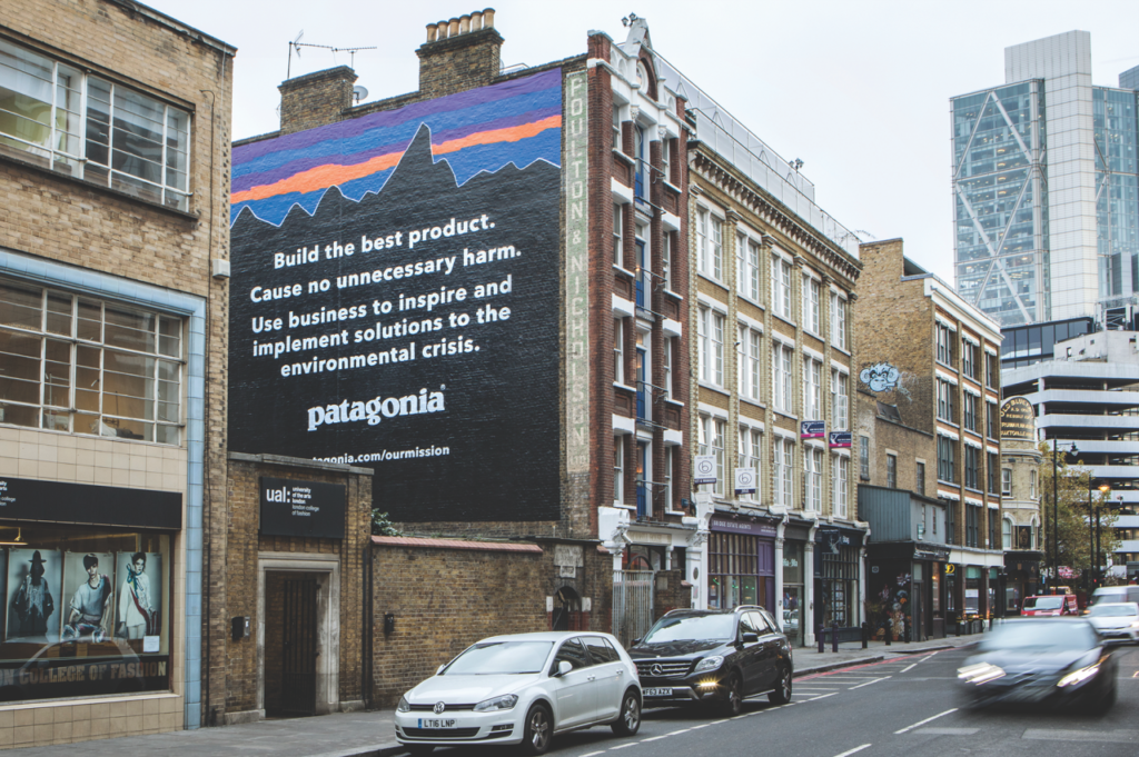 Patagonia uses their company mission statement in all aspects of the business, including advertisements.